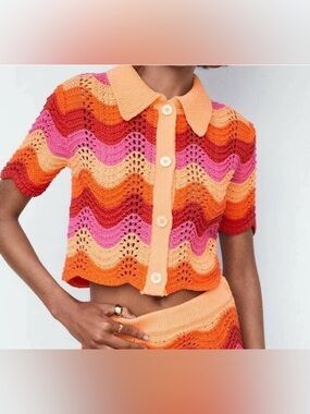 Mango MNG Orange and Fuchsia Crochet Knit Top
